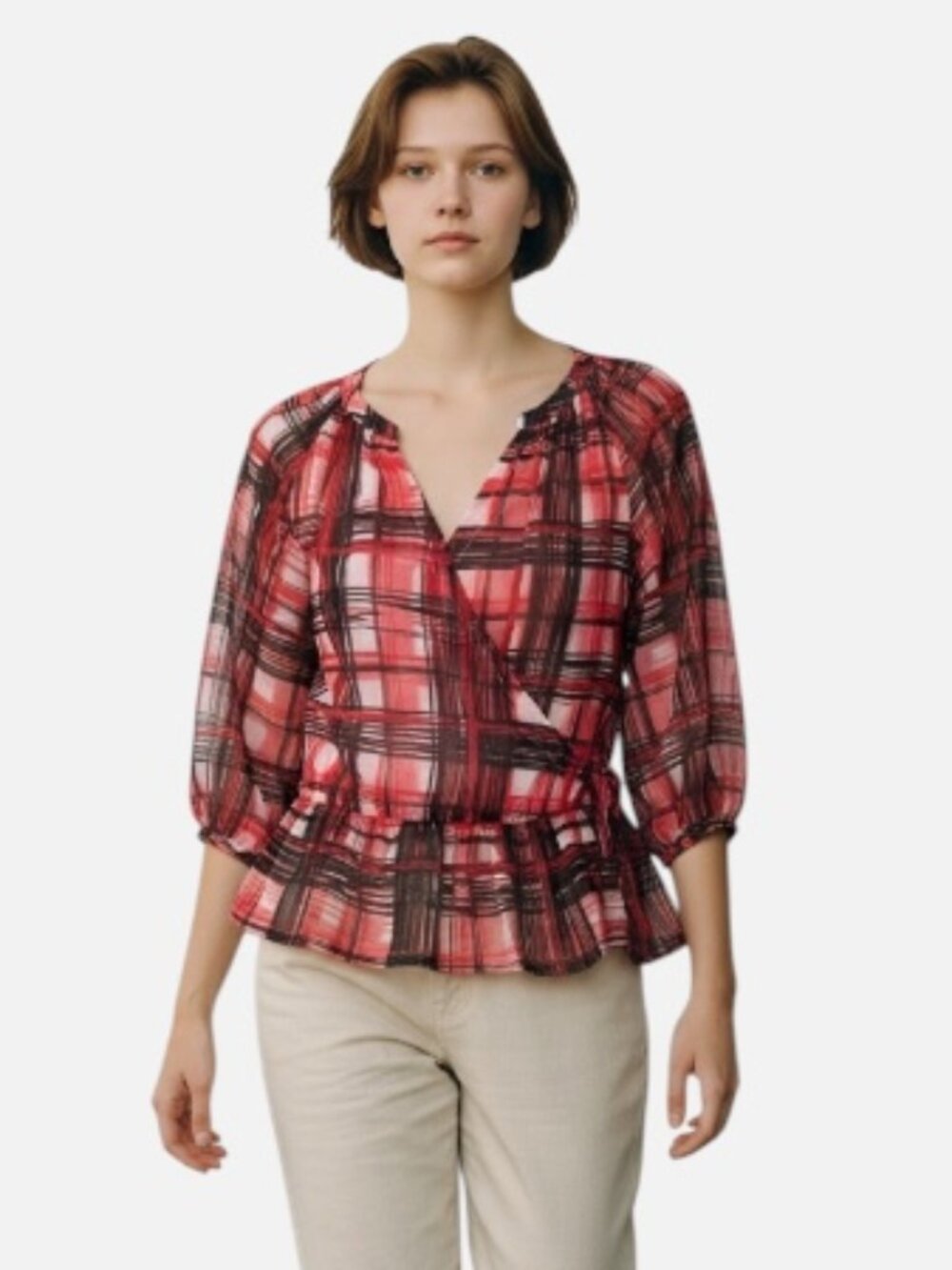 Dana Buchman Red Plaid Wrap-Style Peplum Long Sleeve Blouse, Size S